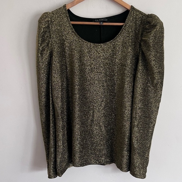 Eloquii Gold Metallic Sparkle Puff Long Sleeve Stretch Scoop Neck Blouse Shirt - Picture 1 of 7